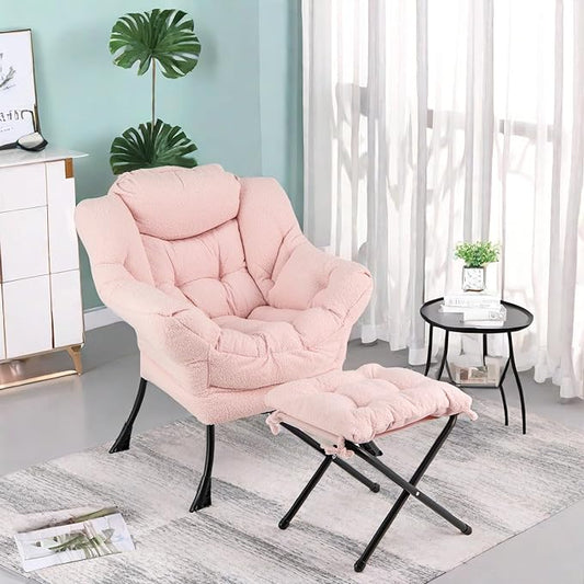 GORELAX Lazy Chair with Ottoman, Modern Accent Chair w/Armrests & Side Pocket, Upholstered Lounge Sofa Chair & Folding Footstool Set, Reading Chair for Bedroom, Living Room, Dorm Room (Plush Pink)