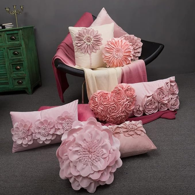 JWH Heart Flower Throw Pillow Covers Decorative Floral Shaped Accent Cushion Soft Pillowcase for Sofa Couch Living Room Bed Chair 14x16 Inches Pink