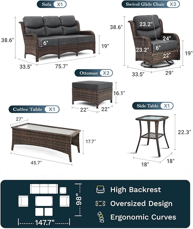 High Back Outdoor Furniture with Extra Thick Cushion Patio Swivel Rocking Chairs, Comfort 3-Seat Sofa, 7PCS Oversized Wicker Conversation Set for Porch, Deck, Yard in Dark Gray