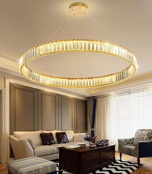 32'' Modern Ring Chandelier Crystal Chandeliers for Dining Room Round LED Dimmable Ceiling Light Fixture for Living Room Bedroom Lighting Gold