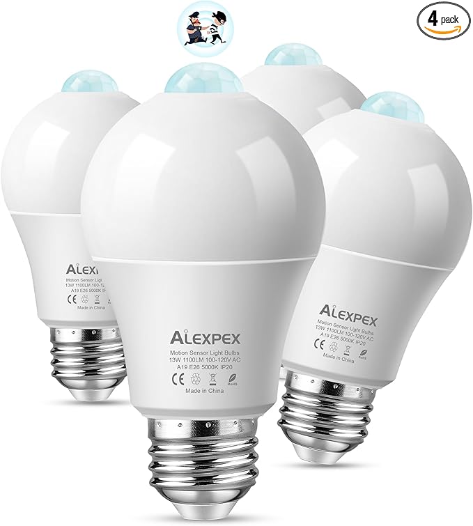 Motion Sensor Light Bulbs, 13W(100W Equivalent) 1100lm Motion Activated Auto Dusk to Dawn LED Bulb, A19 E26 5000K Daylight Outdoor/Indoor Lighting for Garage Porch Stairs Patio, 4 Pack