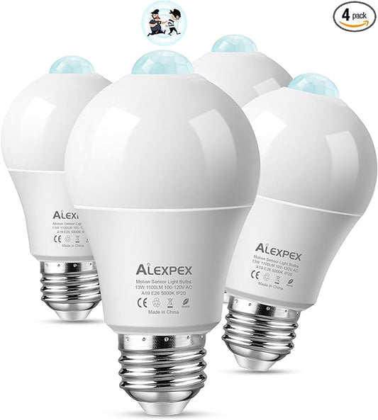 Motion Sensor Light Bulbs, 13W(100W Equivalent) 1100lm Motion Activated Auto Dusk to Dawn LED Bulb, A19 E26 5000K Daylight Outdoor/Indoor Lighting for Garage Porch Stairs Patio, 4 Pack