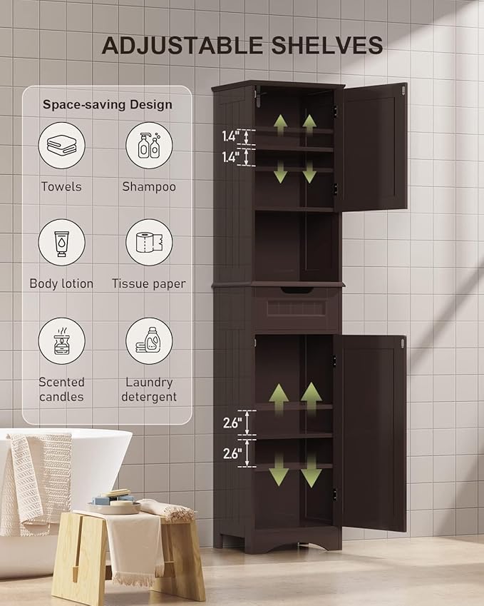 Gizoon 67" H Tall Bathroom Cabinet, Storage Cabinet with 2 Doors & Drawer, Narrow Linen Tower Freestanding Adjustable Shelves for Home, Kitchen, Versatile, Anti-Tipping, Dark Brown | Tall, 2 Doors, Drawer, Narrow, Freestanding, Adjustable Shelves