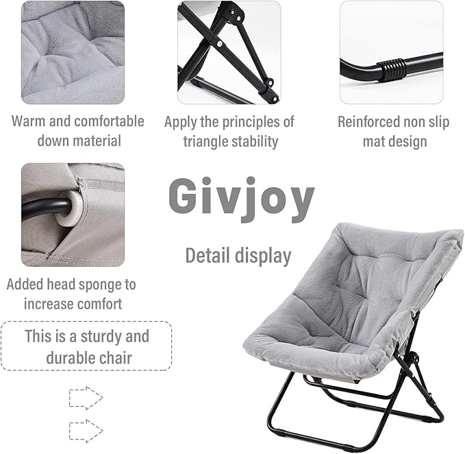 Comfy Folded Chair, Soft Faux Fur Oversized Folding Accent Chair, Flexible Lazy Chair for Adults Kids, Metal Frame Moon Chair for Dorm Room, Bedroom, Living Room