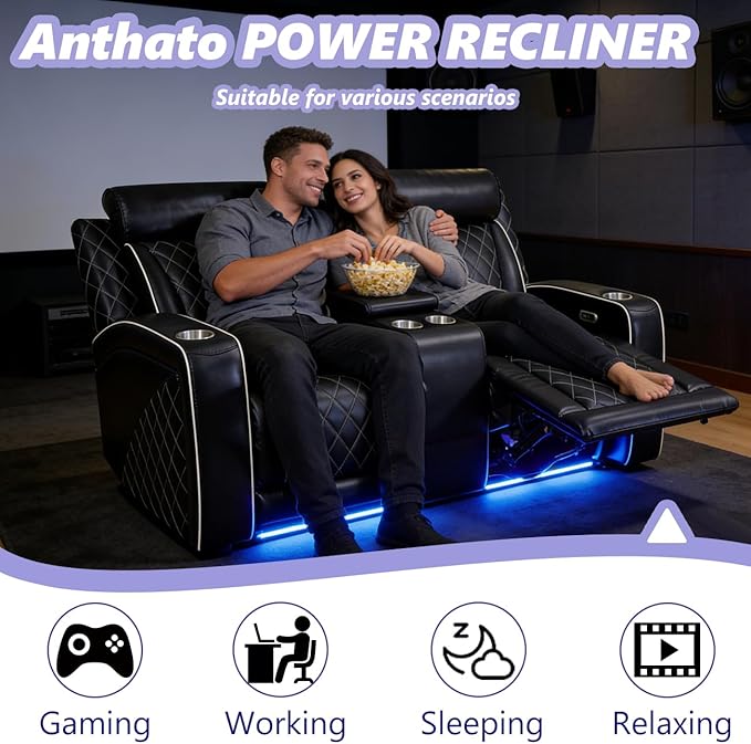 Power Recliner Sofa Set, Breathing Leather Reclining Couch Set, Home Theater Recliner Loveseat & Chairs with Cup Holders/Storage/Charging/LED for Living Room Furniture/Office, 2+1+1, Black