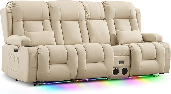 TUNYI Wall Hugger Loveseat Recliner Sofa with Console, Power Reclining Loveseat RV Couch with Massage & Heat/USB/Outlet/Storage/LED Light/Speaker (Beige, 3 Seat with Console)