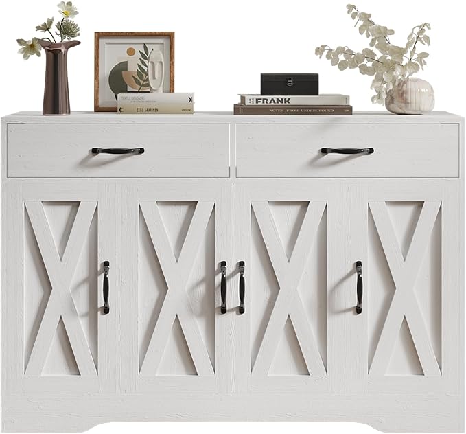 Sideboard Cabinet with Drawers, 47" W Sideboard Buffet Storage Cabinet with Storage for Kitchen, Farmhouse Coffee Bar Cabinets with Shlves and Doors for Hallway, White