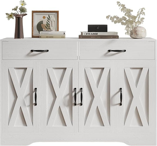 Sideboard Cabinet with Drawers, 47" W Sideboard Buffet Storage Cabinet with Storage for Kitchen, Farmhouse Coffee Bar Cabinets with Shlves and Doors for Hallway, White