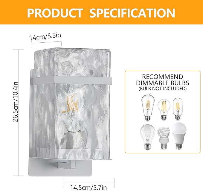Outdoor Wall Light, White Exterior Waterproof Lanterns,Porch Sconces Wall Mounted Lighting with E26 Sockets & Glass Shades, for Garage,Doorway,Patio,Front Door