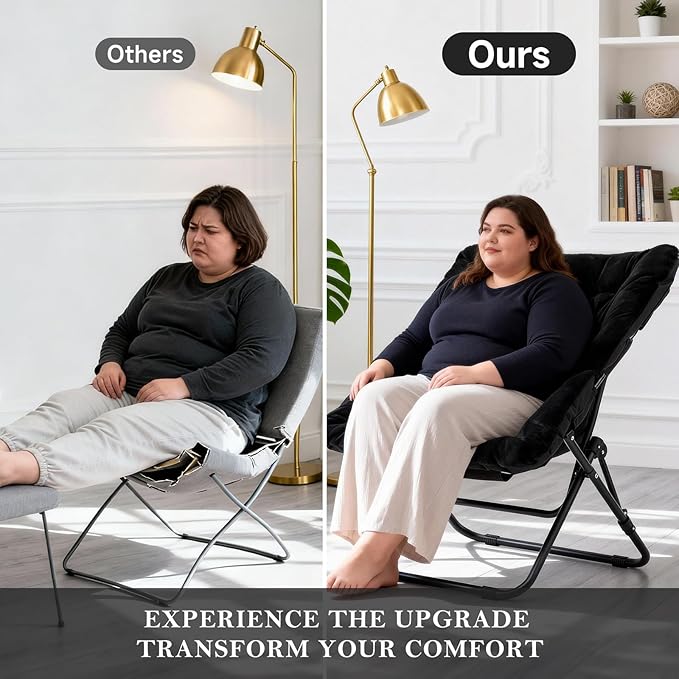 Saucer Chair, Comfy Bedroom Chairs, Oversized Folding Faux Fur Chair, Foldable Metal Frame Chair for Bedroom, Patio, Study, Playroom (Black)