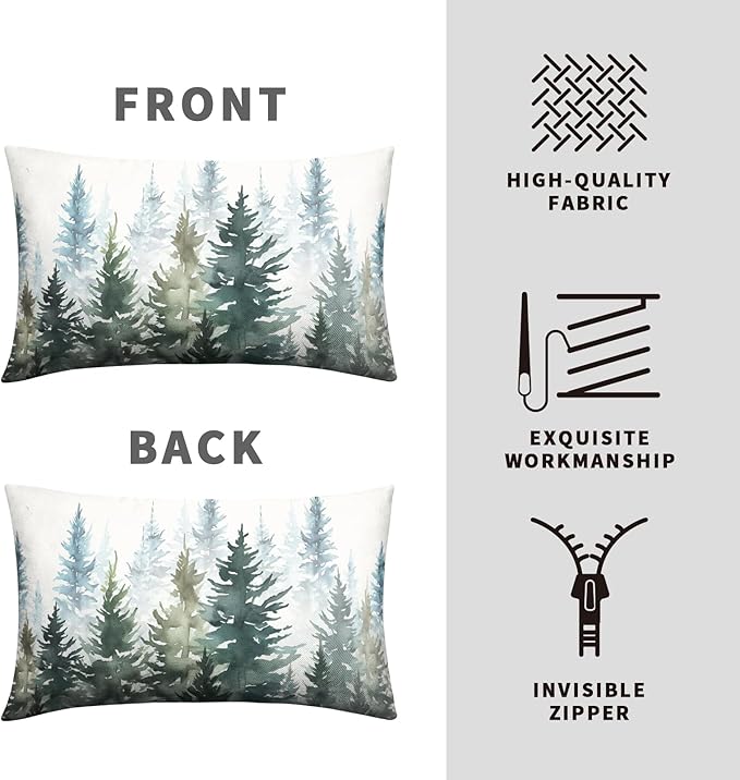 Watercolor Dark Green Christmas Tree Lumbar Pillow Covers 12x20 Set of 2 Winter Rustic Nature Forest Throw Pillow Covers Xmas Pine Trees Linen Pillow Cases for Farmhouse Living Room Decor
