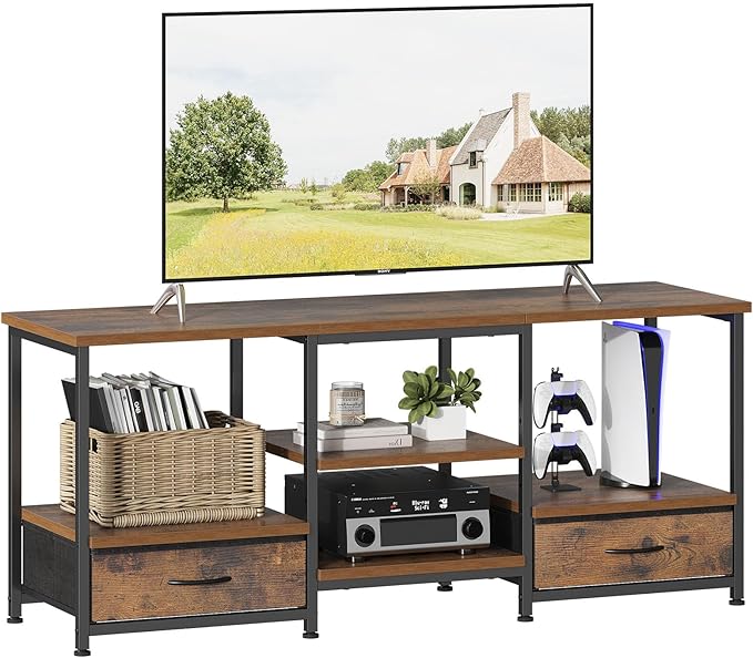 Sweetcrispy Entertainment Center with Stoage Wood TV Stand with Drawers for 65 Inch+ TVS, Television Stands for Living Room Media Console with Charging Station Drawers Shelf Sturdy Frame, 47'' Rustic