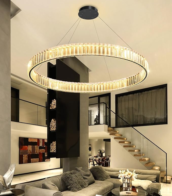 32'' Modern Ring Chandelier Crystal Chandeliers for Dining Room Round LED Dimmable Ceiling Light Fixture for Living Room Bedroom Lighting Black