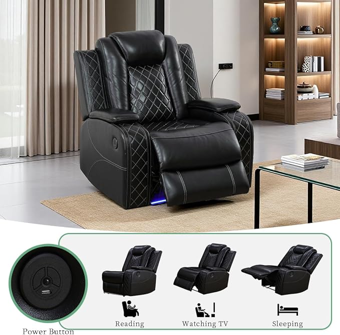 Power Leather Reclining Sofa Sets, Living Room Furniture Sets,Black Breathing Leather Modern Power Reclining Sofa Couch Chair with Recliner Seat/USB Port/LED Light for Living Room