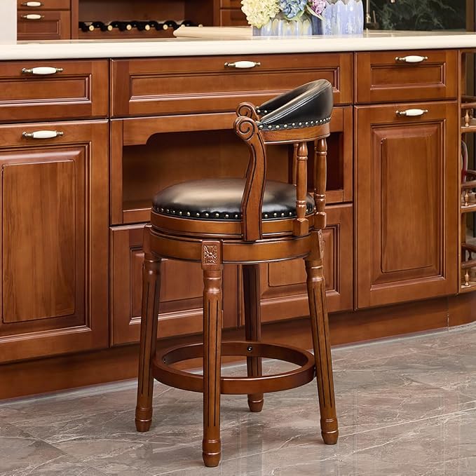 Cow top Leather Wooden Bar Stools, 29.5" Height Bar Chair with Back, 180 Degrees Swivel Bar Stools Chair for Home Kitchen Counter,Restaurant (Black-2pcs, Counter Seat Height 26in)