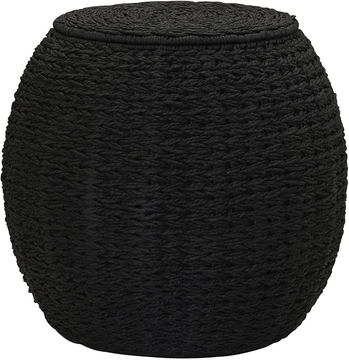 Household Essentials Handwoven Paper Rope Barrel Wicker Storage Basket Side Table, Black