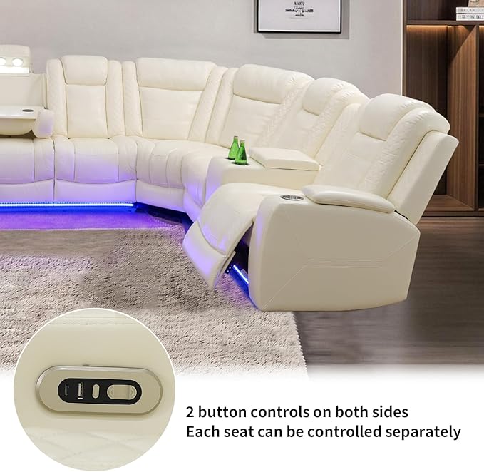 Power Recliner Sofa Sectional Couches with LED Light,Leather Reclining Corner Sectional Sofa with 2 Recliner Seats,Cup Holders,Storage Console for Living Room，Creamy
