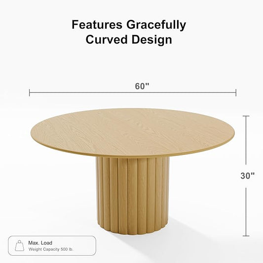 Casaphoria 60" Round Dining Table, Modern Wood Kitchen Table with Cylindrical Wide Bar Protruding Base for Living Room & Dining Room, Easy Assembly Farmhouse Furniture for 4-6, Oak