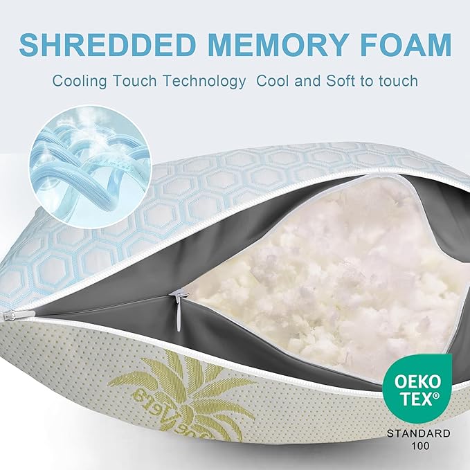 Cooling Pillows Queen Size Set of 2, Adjustable Shredded Memory Foam Bed Pillows for Hot Sleepers - Firm Supportive Cool Pillow for Side Back Stomach Sleepers with Removable Washable Cover