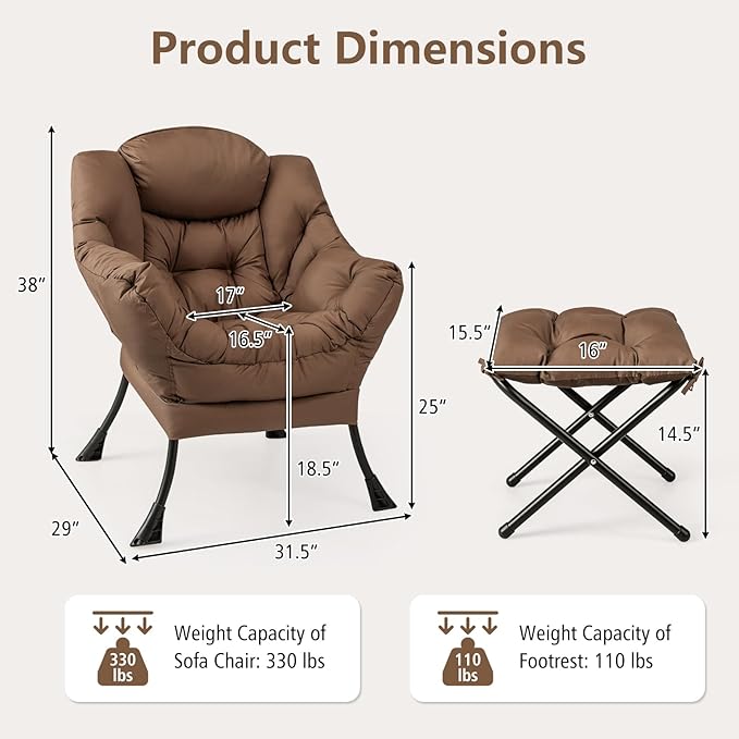 GORELAX Lazy Chair with Ottoman, Modern Accent Chair w/Armrests & Side Pocket, Upholstered Lounge Sofa Chair & Folding Footstool Set, Reading Chair for Bedroom, Living Room, Dorm Room (Brown)