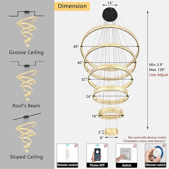 Large Ring Chandelier Modern Crystal Chandeliers for High Ceiling Round LED Dimmable Ceiling Light Fixture for Foyer Long Stair Black 8''+16''+24''+32''+40''+47''