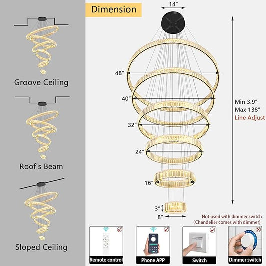 Large Ring Chandelier Modern Crystal Chandeliers for High Ceiling Round LED Dimmable Ceiling Light Fixture for Foyer Long Stair Black 8''+16''+24''+32''+40''+47''