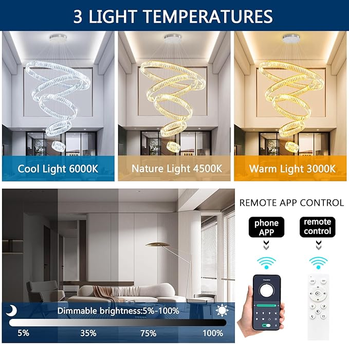 Large Ring Crystal Chandelier Modern Dimmable Chandelier High Ceiling Chandelier Round LED Ceiling Light Fixture for Foyer Long Stair Big Chandelier Silver 8''+16''+24''+32''+40''
