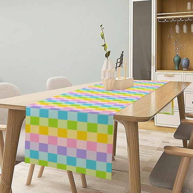 Boho Hippie Table Runner Rainbow Geometric Square Table Runner Retro Country Dinner Runner for Living Room Kitchen Party Holiday Dinner Home Decor Yellow Pink Blue 13x60in