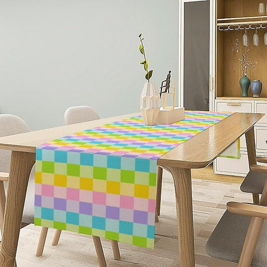 Boho Hippie Table Runner Rainbow Geometric Square Table Runner Retro Country Dinner Runner for Living Room Kitchen Party Holiday Dinner Home Decor Yellow Pink Blue 13x120in