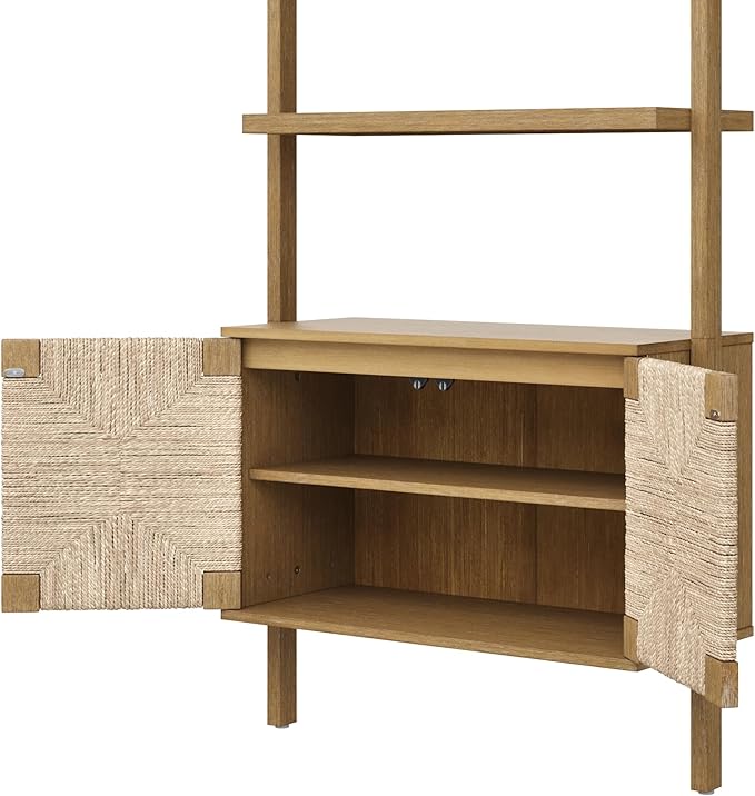 Nathan James Beacon Bohemian TV Stand, TV Wall Unit with Shelves and Accent Storage Cabinet with Solid Wood Legs and Seagrass Door Fronts, Light Brown