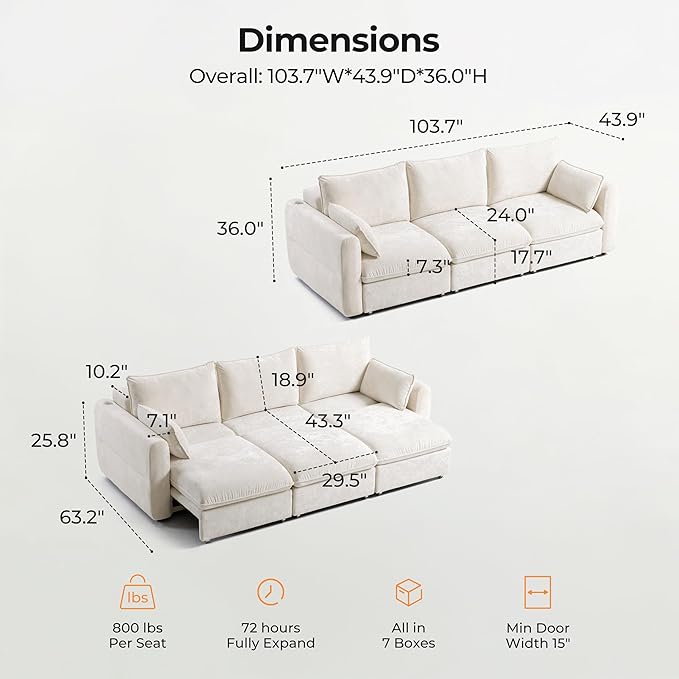 103" Electric Pull Out Sleeper Sofa Bed, 2in1 Convertible Power Extendable Couch Bed with Fast Charging USB&3 Smart Motor&Wide Back, Oversized Couches for Living Room&Small Space, Velvet Beige | Electric Extendable, Stepless Adjustment, Fast-Charging P...