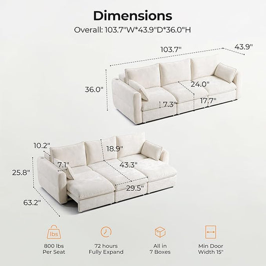 103" Electric Pull Out Sleeper Sofa Bed, 2in1 Convertible Power Extendable Couch Bed with Fast Charging USB&3 Smart Motor&Wide Back, Oversized Couches for Living Room&Small Space, Velvet Beige | Electric Extendable, Stepless Adjustment, Fast-Charging P...