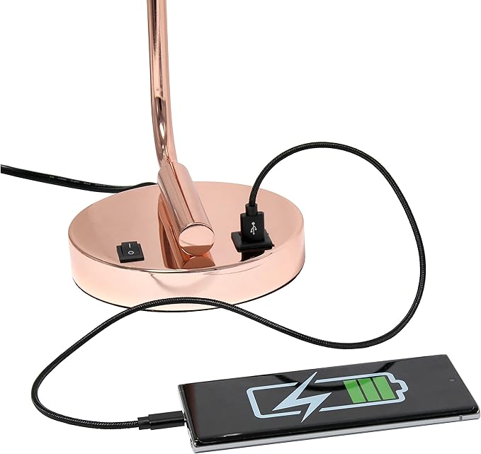 Simple Designs LD1066-RGD-LB Industrial Vintage Bronson Iron Lantern Desk Table Lamp with USB Port and Glass Cylinder Shade for Office, Living Room, Bedroom, Rose Gold, with Feit LED Bulb Included