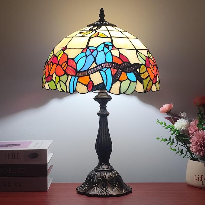 Tiffany 3-Color Stained Glass Lamp - Vintage Beside Reading Lamp, 12 inch Living Room Light, Flowers Style Antique Nightstand Light (Brids Flowers)