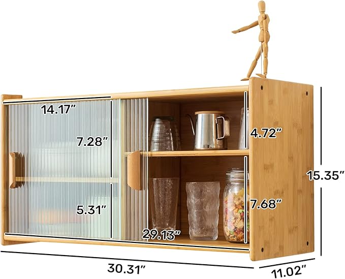 HollyHOME Small Bamboo Wall Mounted Kitchen Pantry Sideboard with 2 Doors and Adjustable Shelves, Coffee Wine Bar Storage Cabinet for Liquor and Glasses, Dining Cupboard for Bottle, Dish, Burlywood
