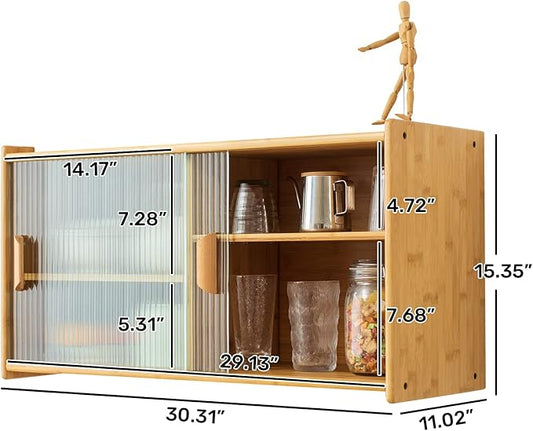 HollyHOME Small Bamboo Wall Mounted Kitchen Pantry Sideboard with 2 Doors and Adjustable Shelves, Coffee Wine Bar Storage Cabinet for Liquor and Glasses, Dining Cupboard for Bottle, Dish, Burlywood