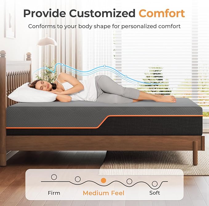 Vesgantti Queen Mattress, 12 Inch Gel Memory Foam Mattress Queen Size with Comfort Foam for Pressure Relief & Cool Sleep & Body Support, Made in USA, Medium Feel Bed in a Box, Grey