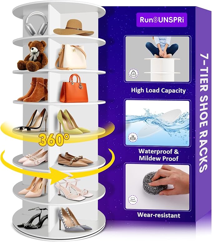 7 Tier Rotating Shoe Rack Corner Organizer 360°Rotating Shoe Rack Tower Spinning Shoe Rack Tower for Bedroom Entryway Closet Holds 28-32 Pairs of Shoes Handbags Hats Display Decor