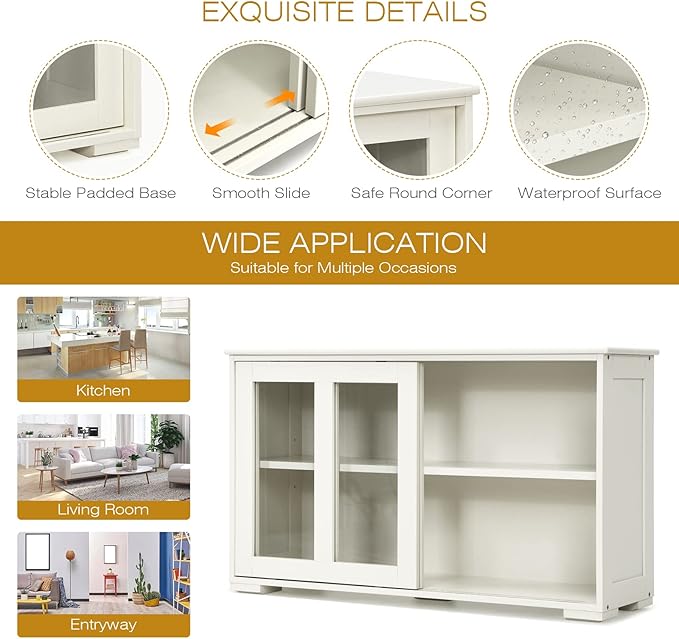 Byroce Sideboard Buffet Cabinet, Stackable Storage Coffee Bar Cabinet w/Adjustable Shelf & Glass Sliding Doors, Wood Cupboard Credenza Console Table for Kitchen Dining Living Room (1, Antique White)