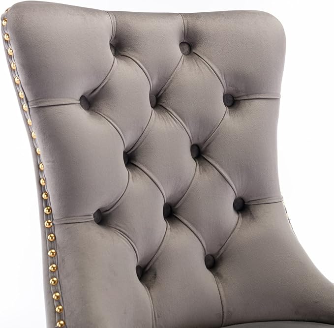 Solid Wood Velvet Upholstered Dining Chair with Golden Stainless Steel Plating Legs,Contemporary Design W/Nailhead Trim,Set of 2,for Living Room,Apartment,Gray and Gold