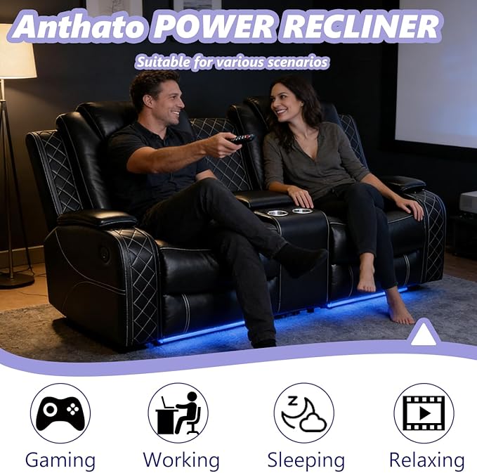 Power Reclining Sofa Set, Living Room Furniture Sets, Leather Power Recliner Sofa Loveseat with Cup Holders/Storage/Charging, Breathing Leather Reclining Couch for Home Theater/Office, Black