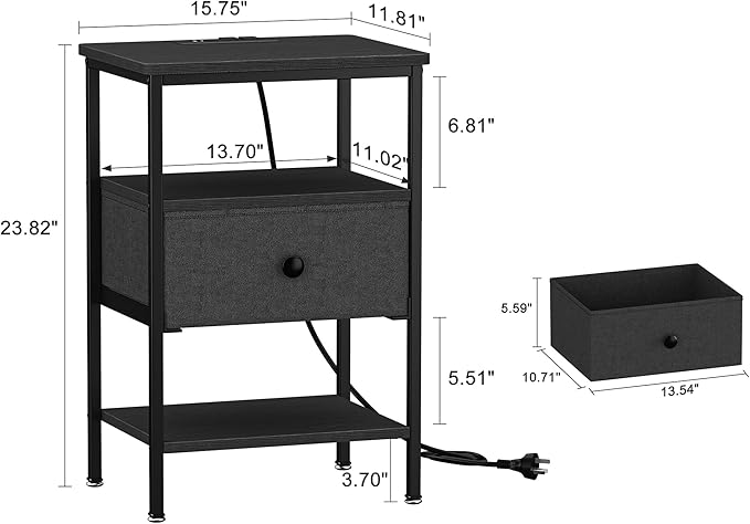 VECELO Side Tables with Charging Station,Nightstand with Storage Shelf&Fabric Drawer,Bedside Tables for Bedroom,Living Room,Small Spaces,Black