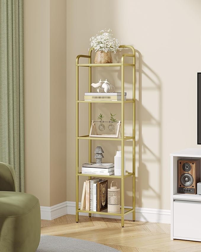 Bookshelf, Tall Narrow Bookcase with LED Lights, Tempered Glass Bookshelves with Steel Frame, Display Shelf, Slim Shelving Unit for Living Room, Bedroom, 9.6"D x 15.4"W x 55.9"H Gold BC34599G