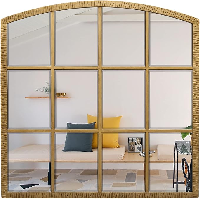 36 Inch Arched Window Mirror, Windowpane Decorative Mirror with Beveled, Metal Large Accent Mirrors, Grid Wall Mirrors for Living Room, Entryway, Vintage Gold