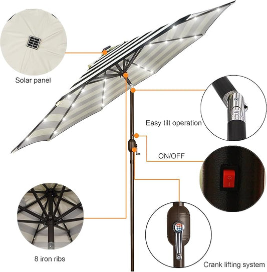 Blissun 9 ft Solar Umbrella, Patio Umbrella with 32 LED Lights, Table Market Umbrella, Outdoor Umbrella for Garden, Deck, Backyard, Black & Beige