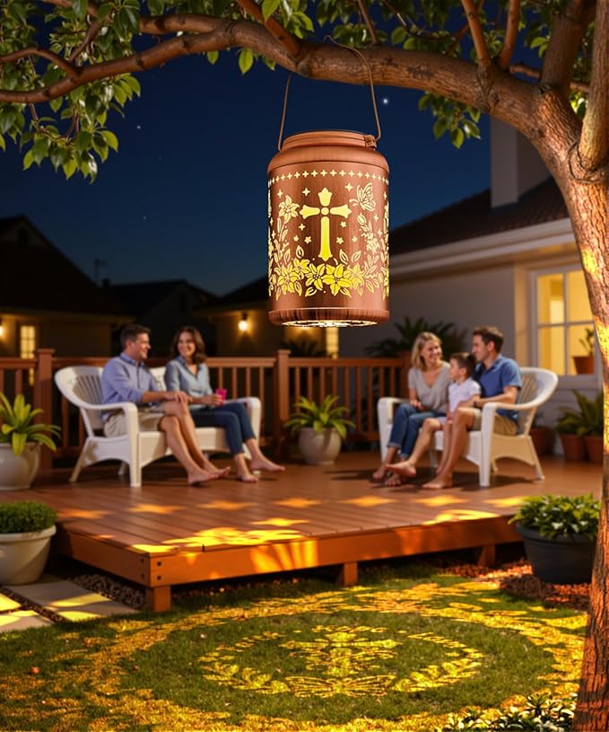 Solar Lanterns Outdoor Waterproof Decorative Garden Solar Lights Outdoor,Hanging Hollow Out Metal Ornaments Decor for Outside Lawn,Patio,Balcony,Yard Unique Gifts for Women Christian Cross