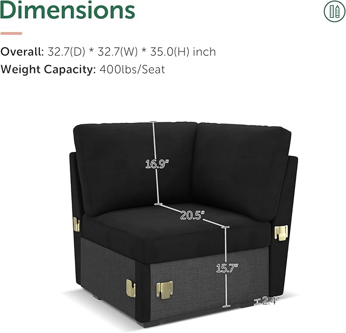 HONBAY Corner Seat for Sectional Sleeper Sofa, Corner Module for Modular Sleeper Couch with Pull Out Bed, Velvet Black