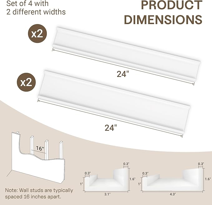 Fun Memories Picture Ledge Shelf - 24 Inches Floating Shelves Set of 4 - Floating Shelves with Lip for Storage - Wood Bookshelf Wall Mounted for Bedroom - Living Room - Kitchen - White Color