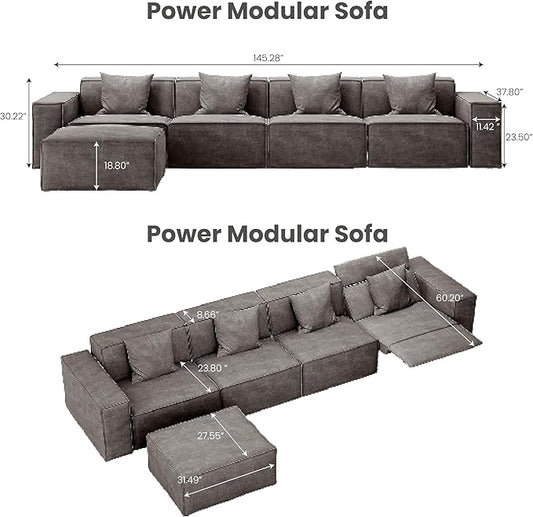 145" Power Sofa,Modular Sectional Couches for Living Room,Modern Large Sofa with Recliners,Comfy Velvet Cloud Couch with Deep Seat with 1 Ottoman,Pet Friendly,Free Combination for Home(Dark Gray)