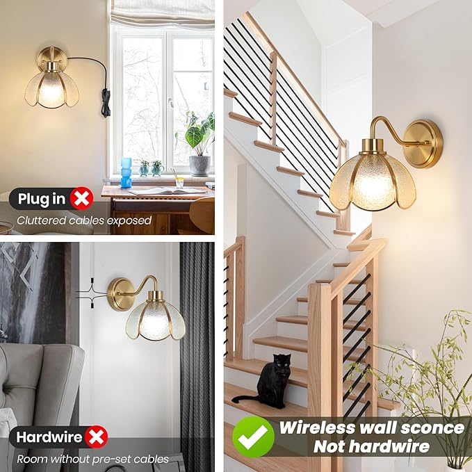 Battery Operated Wall Sconce, Vintage Wall Sconce with Gold Trim Tulip Glass Lampshade Rechargeable Battery Powered Wall Light with Remote Control for Bedside Bedroom Doorway